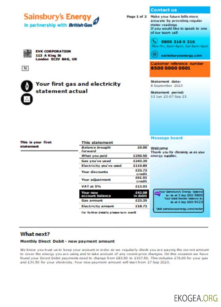 Facture de services publics de Sainsbury Energy (British Gas), page 1, SCR